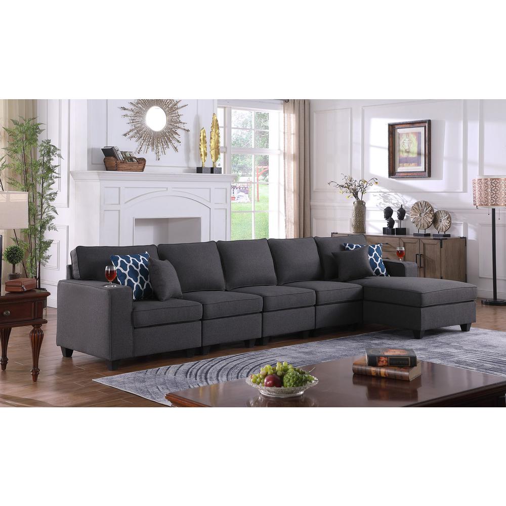 Cooper Dark Gray Linen 5Pc Sectional Sofa Chaise with Cupholder