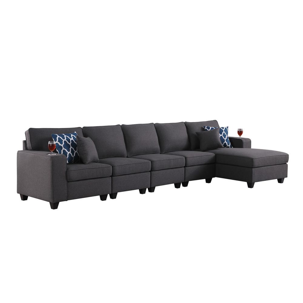 Cooper Dark Gray Linen 5Pc Sectional Sofa Chaise with Cupholder