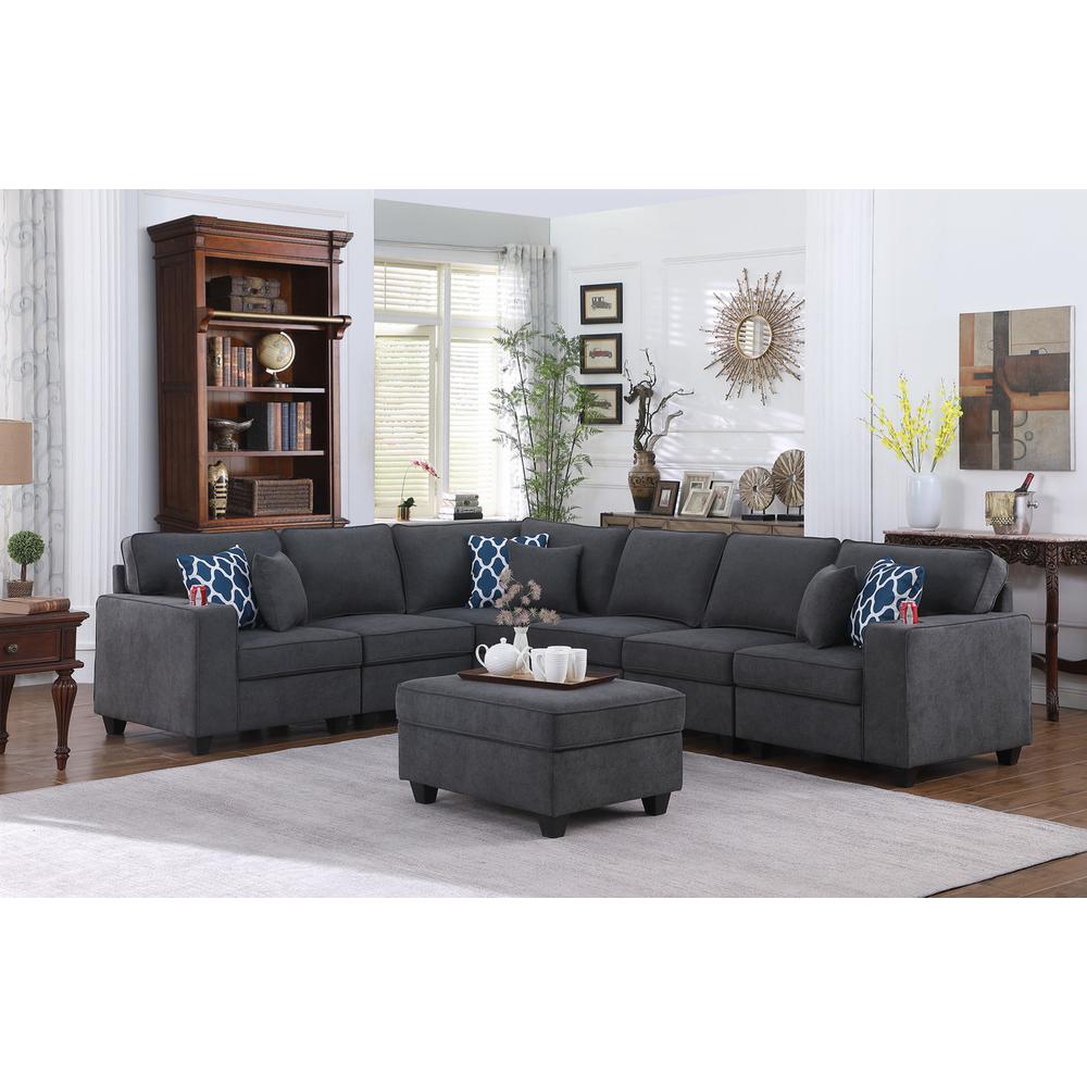 Cooper Stone Gray Woven Fabric 7Pc Reversible L-Shape Sectional Sofa with Ottoman & Cupholder