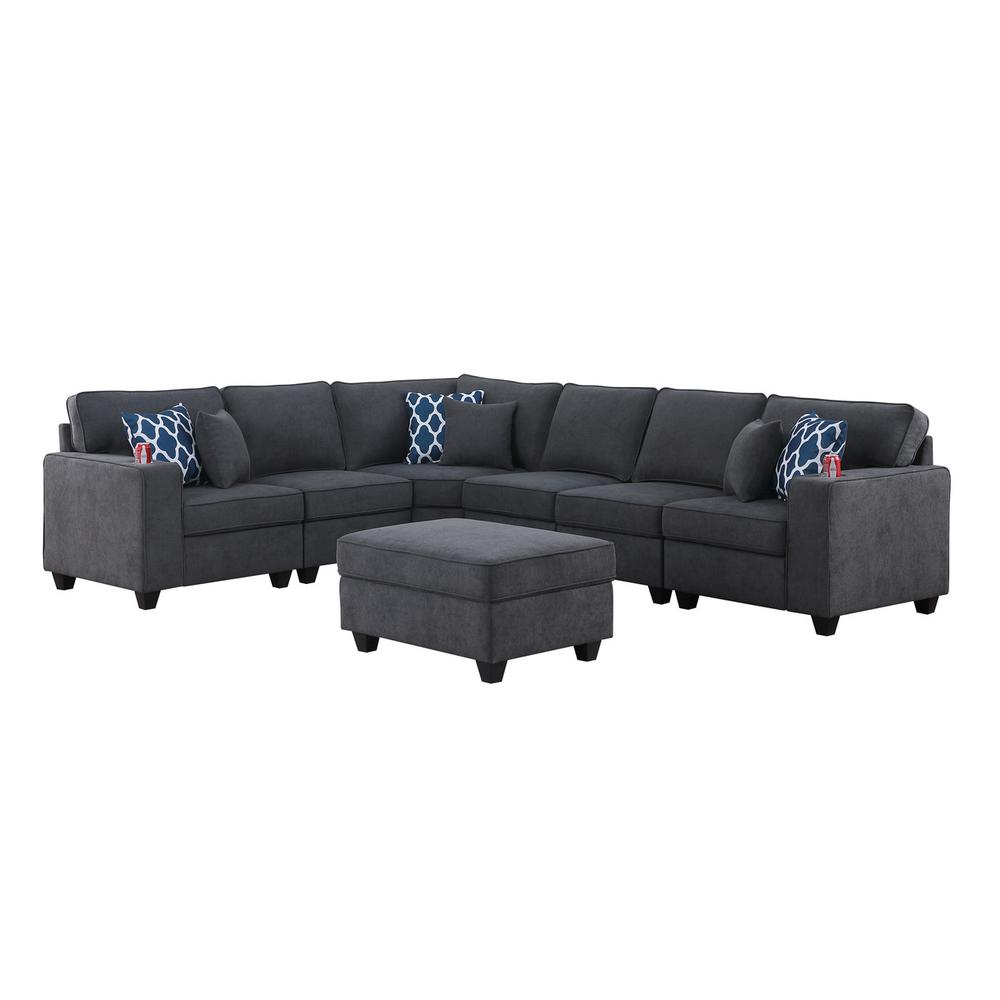 Cooper Stone Gray Woven Fabric 7Pc Reversible L-Shape Sectional Sofa with Ottoman & Cupholder