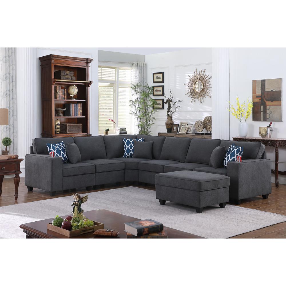 Cooper Stone Gray Woven Fabric 7 Pc Reversible L-Shape Sectional Sofa with Ottoman & Cupholder