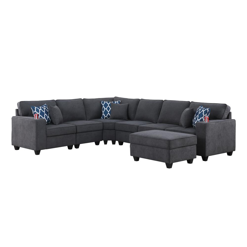 Cooper Stone Gray Woven Fabric 7Pc Reversible L-Shape Sectional Sofa with Ottoman & Cupholder