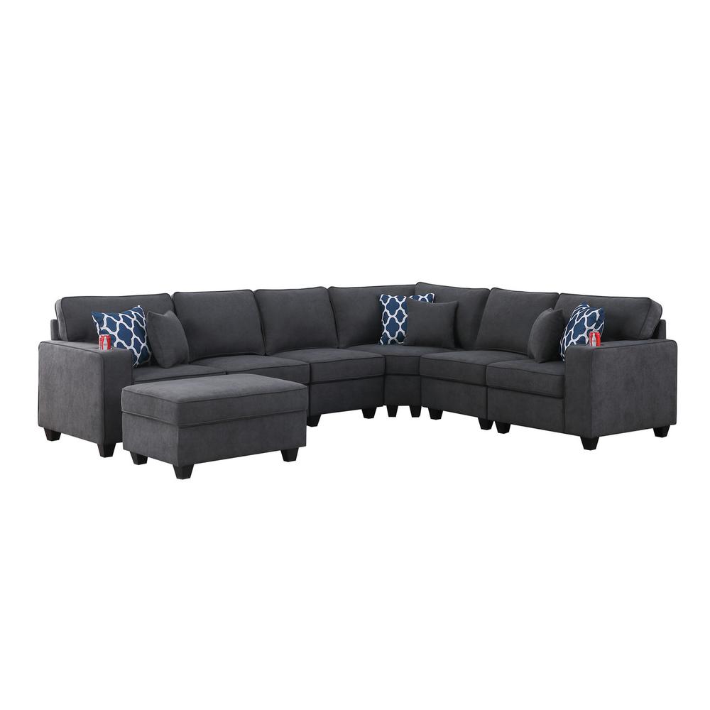 Cooper Stone Gray Woven Fabric 7Pc Reversible L-Shape Sectional Sofa with Ottoman & Cupholder