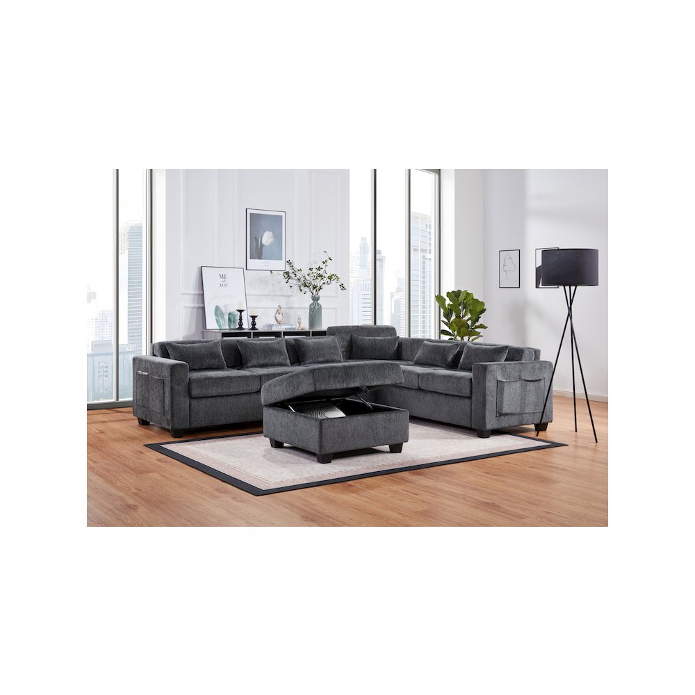 Trey 115″W Gray Chenille Sectional Sofa with Adjustable Backrest