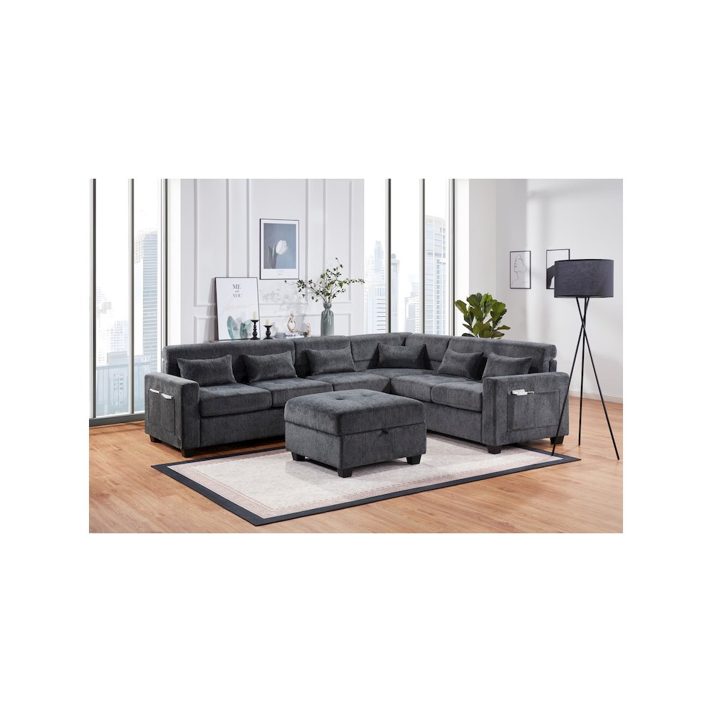Trey 115″W Gray Chenille Sectional Sofa with Adjustable Backrest