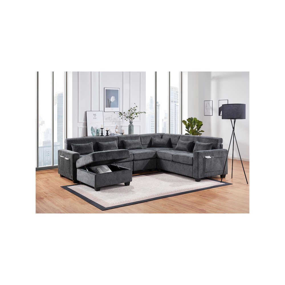 Trey 115″W Gray Chenille Sectional Sofa with Adjustable Backrest