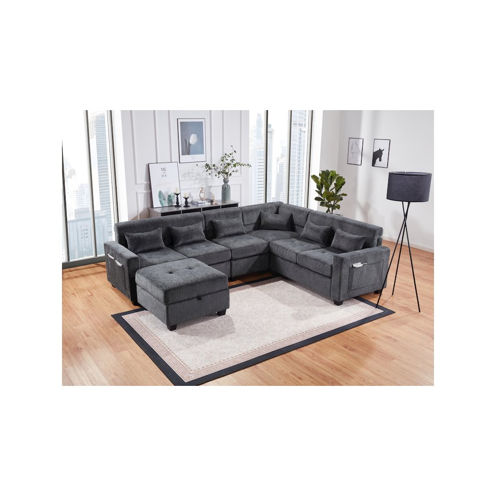 Trey 115″W Gray Chenille Sectional Sofa with Adjustable Backrest