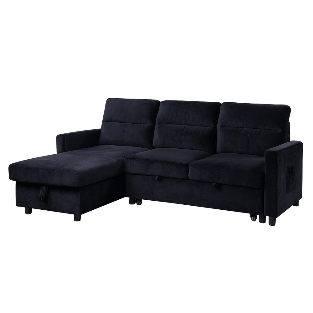 Ivy Black Velvet Reversible Sleeper Sectional Sofa with Storage Chaise and Side Pocket