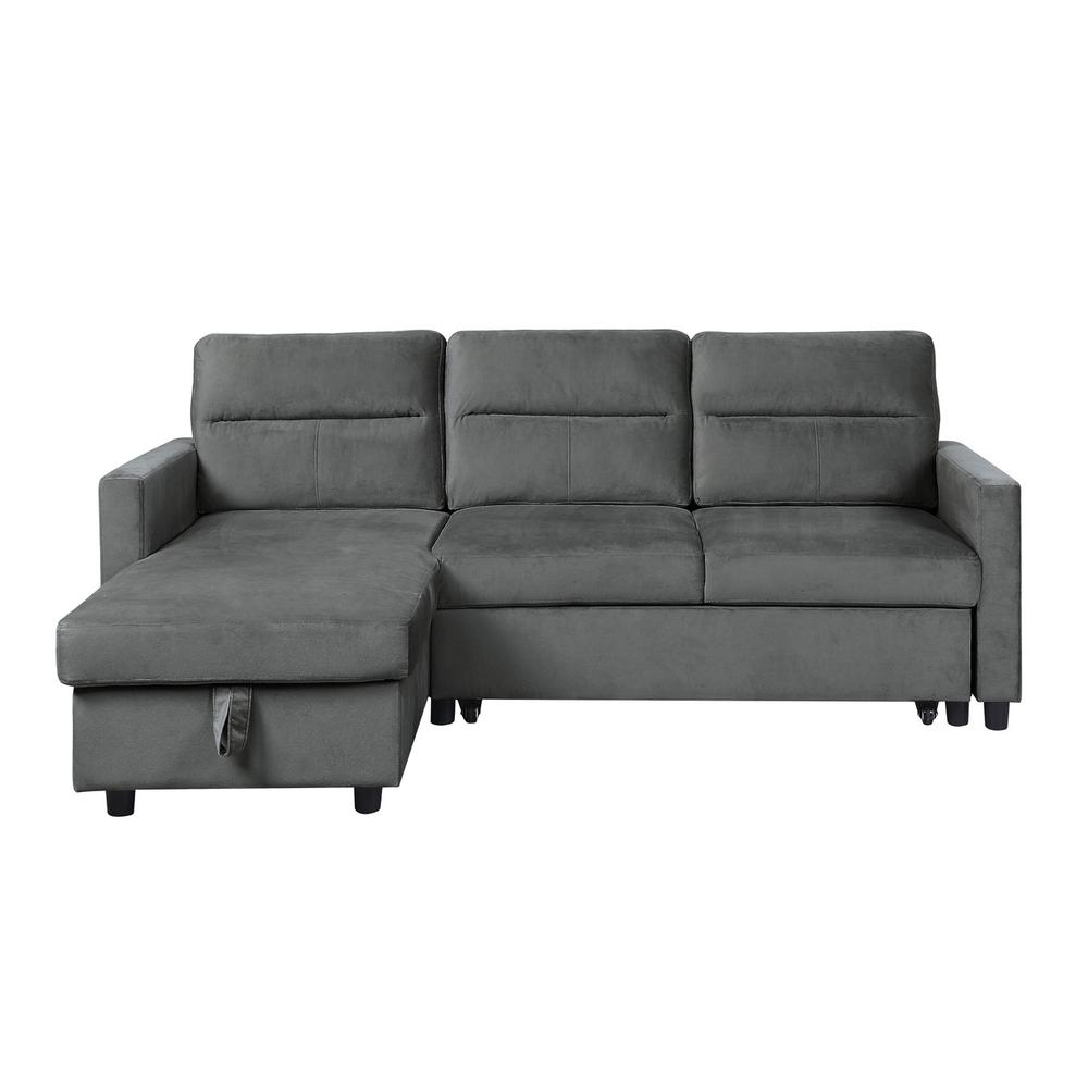 Ivy Dark Gray Velvet Reversible Sleeper Sectional Sofa with Storage Chaise and Side Pocket