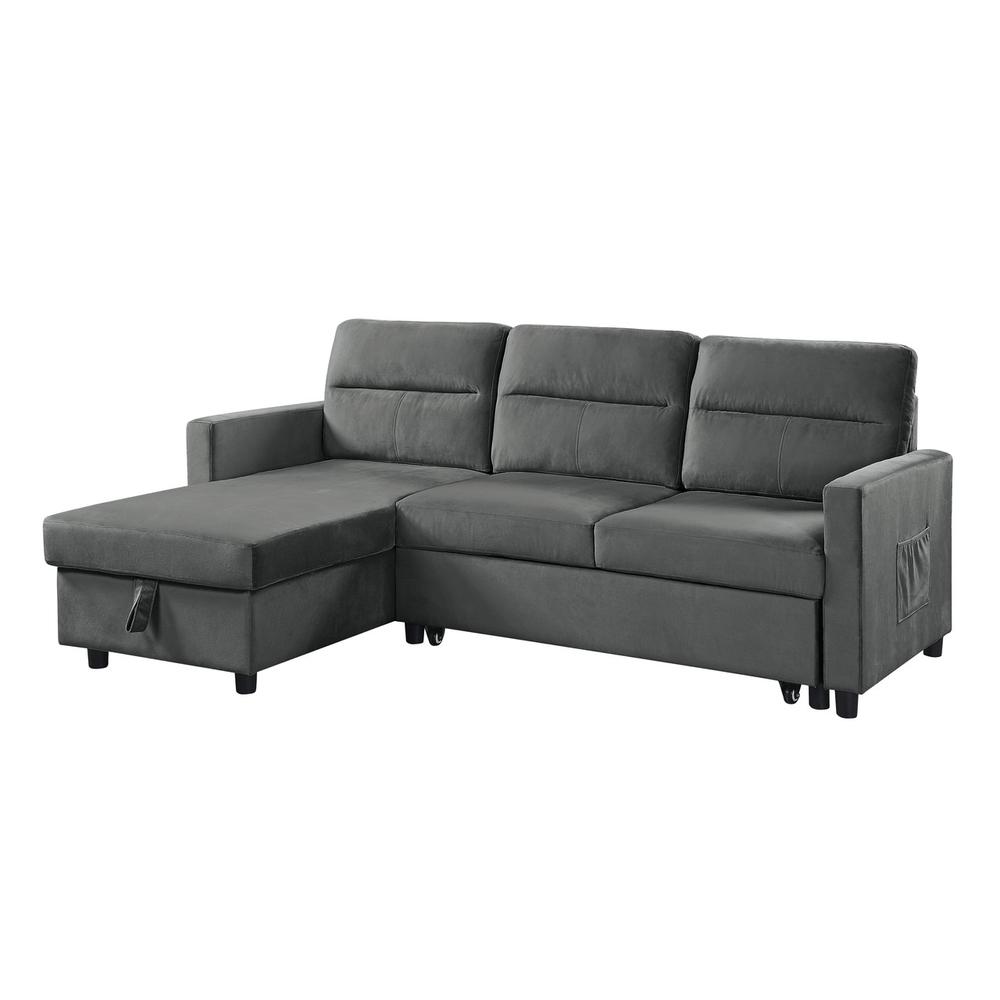 Ivy Dark Gray Velvet Reversible Sleeper Sectional Sofa with Storage Chaise and Side Pocket