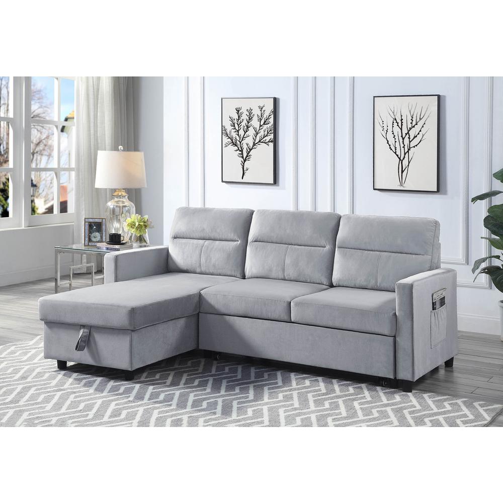 Ruby Light Gray Velvet Reversible Sleeper Sectional Sofa with Storage Chaise and Side Pocket