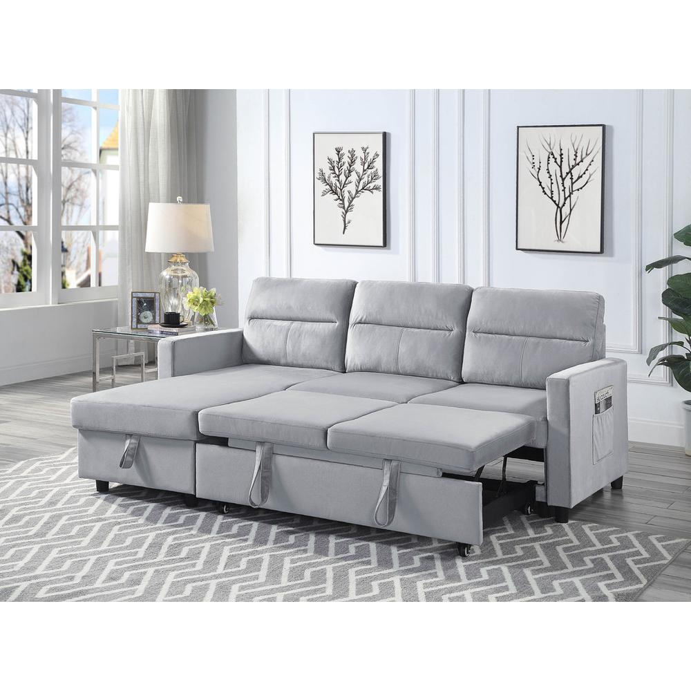 Ruby Light Gray Velvet Reversible Sleeper Sectional Sofa with Storage Chaise and Side Pocket