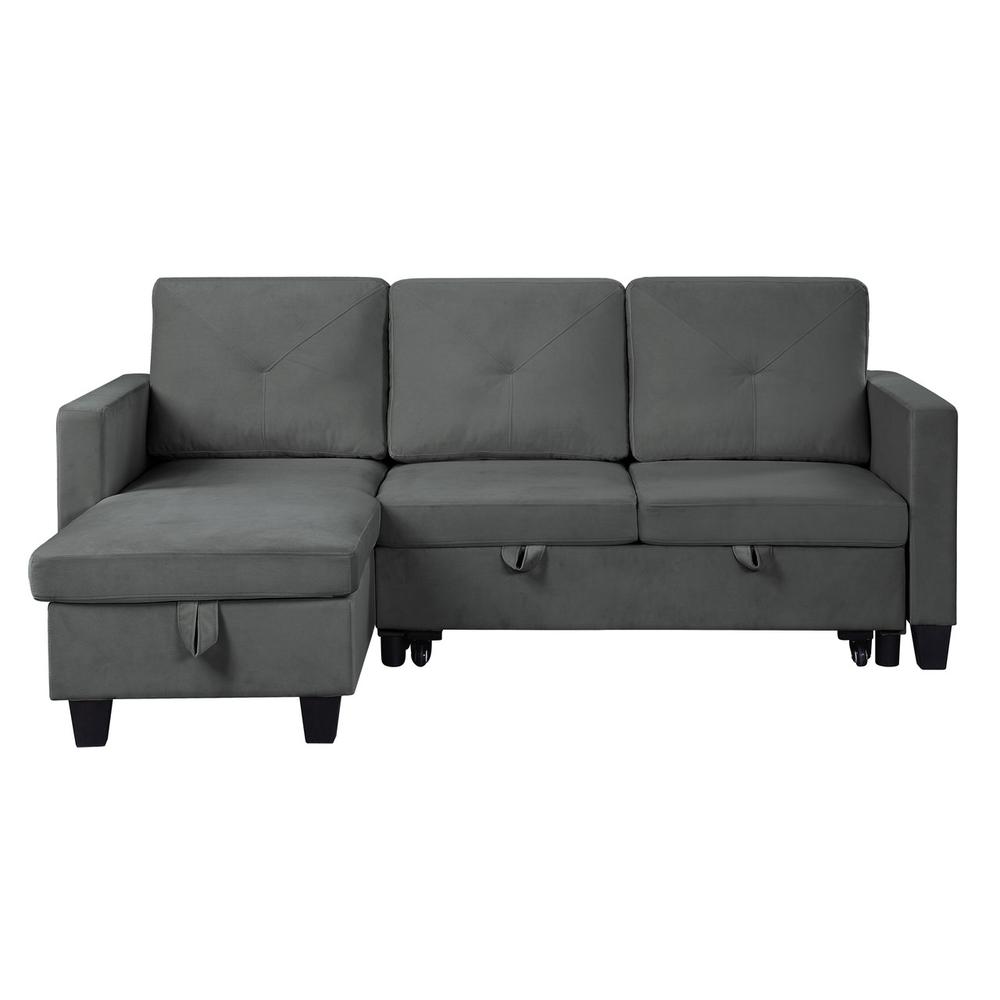 Nova Dark Gray Velvet Reversible Sleeper Sectional Sofa with Storage Chaise
