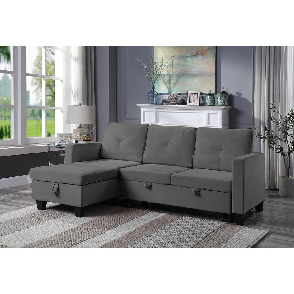 Nova Dark Gray Velvet Reversible Sleeper Sectional Sofa with Storage Chaise