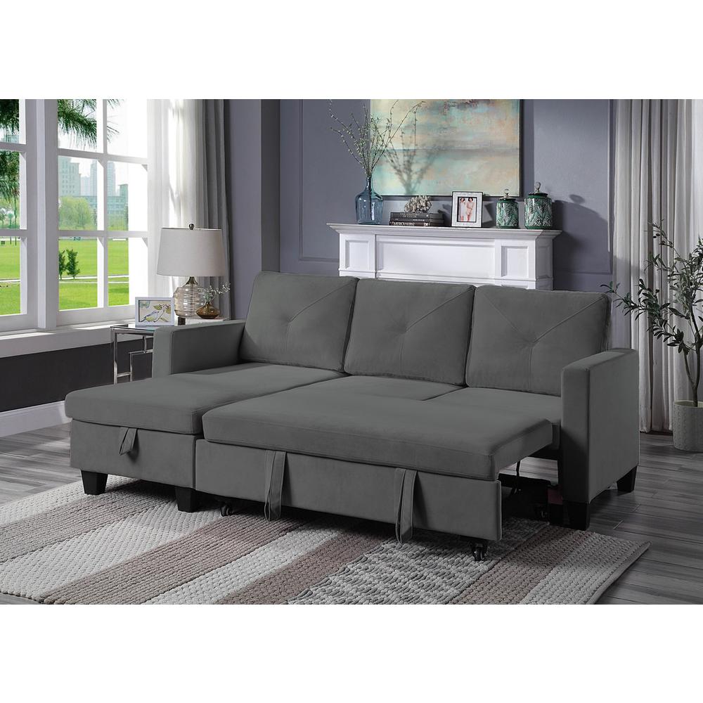 Nova Dark Gray Velvet Reversible Sleeper Sectional Sofa with Storage Chaise