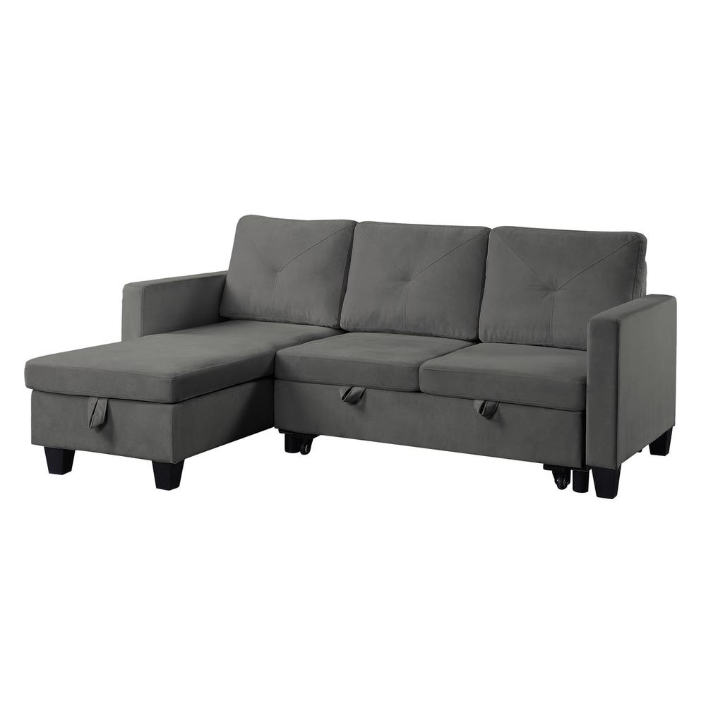 Nova Dark Gray Velvet Reversible Sleeper Sectional Sofa with Storage Chaise