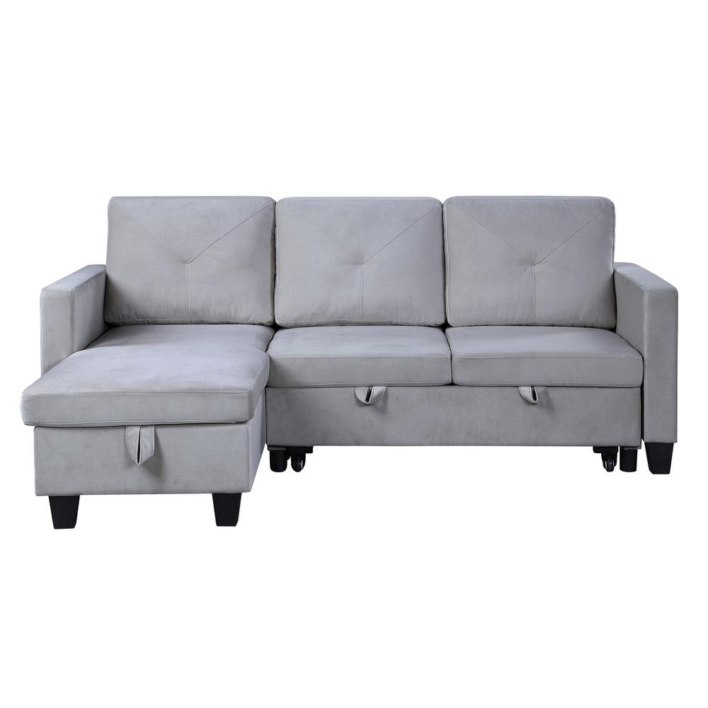 Nova Light Gray Velvet Reversible Sleeper Sectional Sofa with Storage Chaise