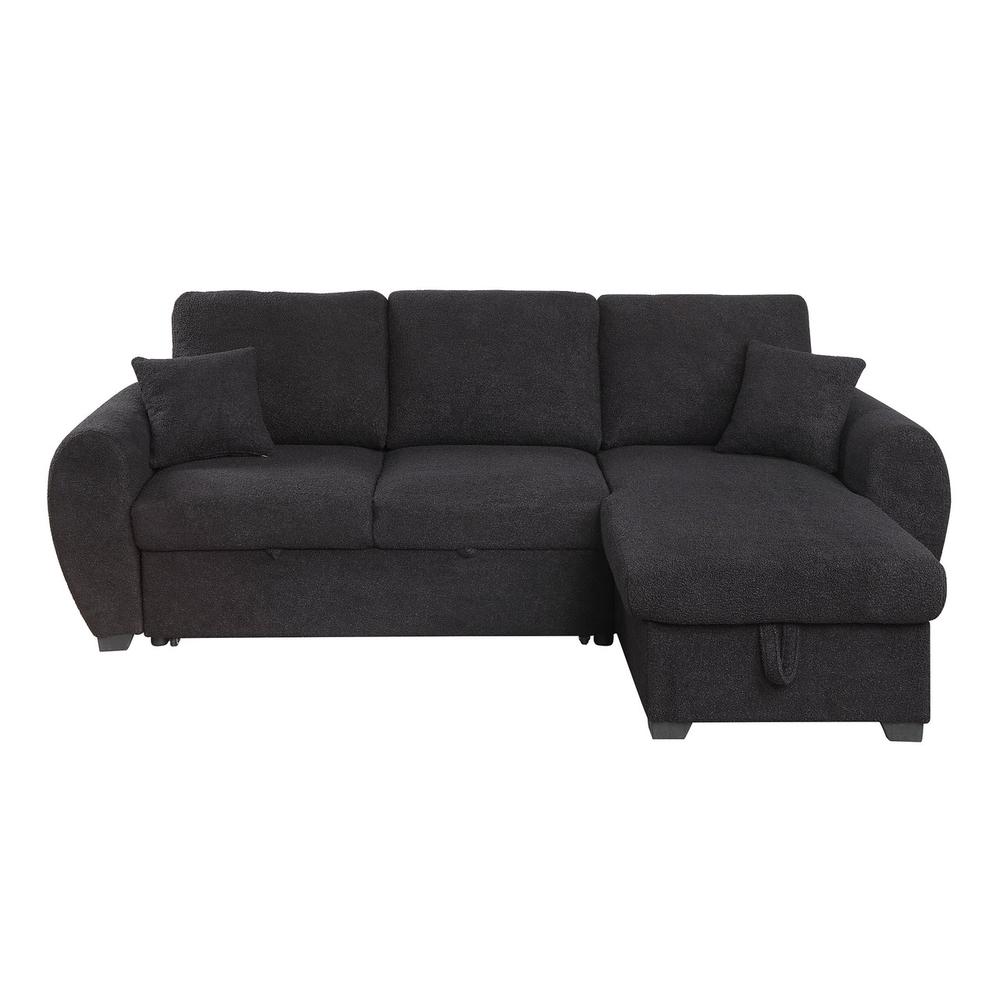 95″W Black Teddy Fleece Reversible Sleeper Sectional Sofa with Storage Chaise