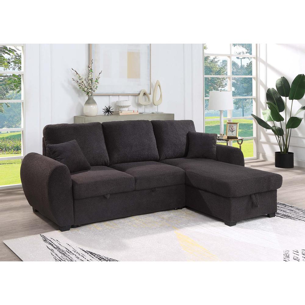 95″W Black Teddy Fleece Reversible Sleeper Sectional Sofa with Storage Chaise