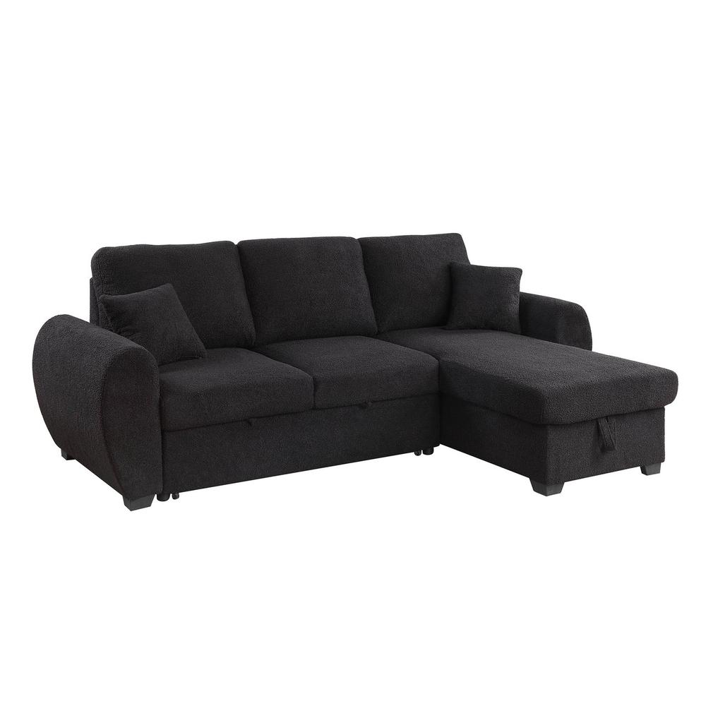 95″W Black Teddy Fleece Reversible Sleeper Sectional Sofa with Storage Chaise