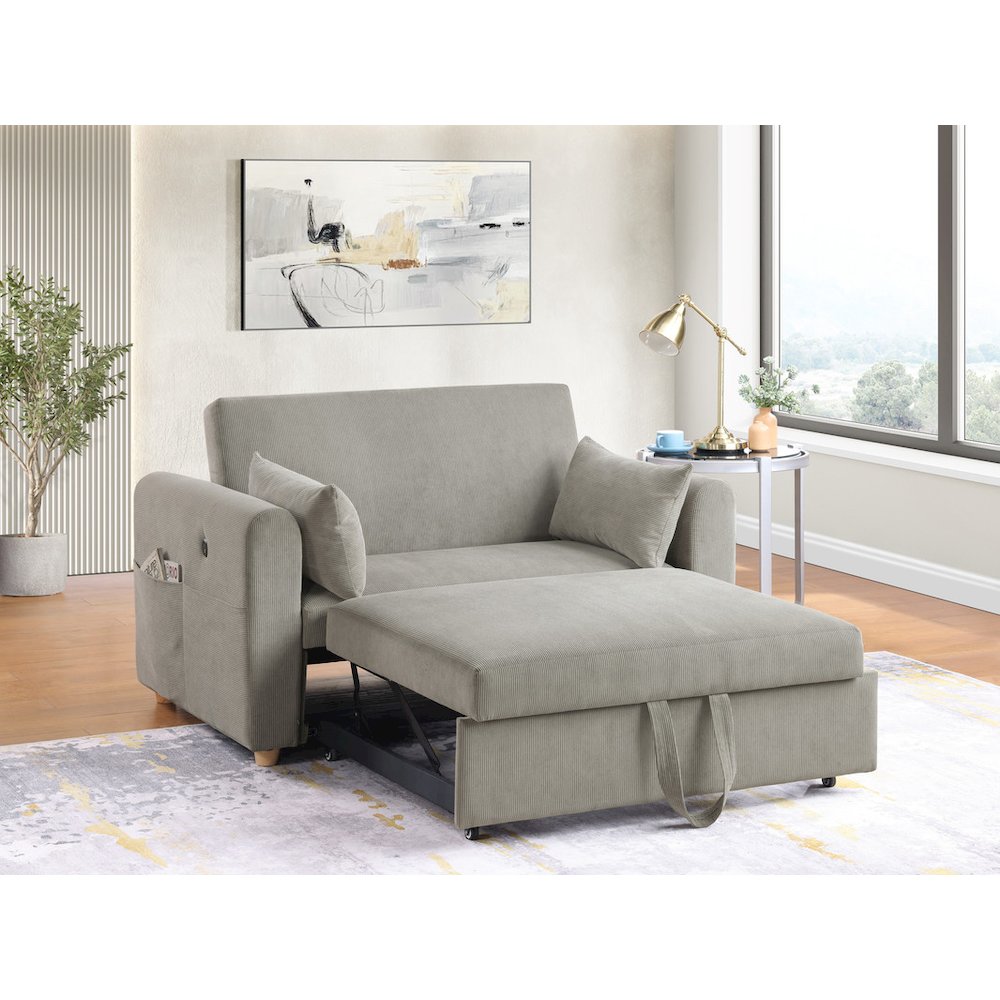 55″W Gray Corduroy Convertible Sleeper Loveseat with USB Ports