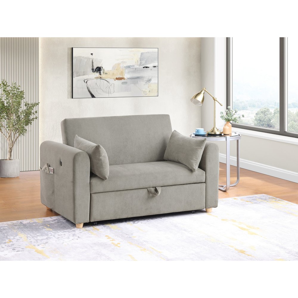 55″W Gray Corduroy Convertible Sleeper Loveseat with USB Ports