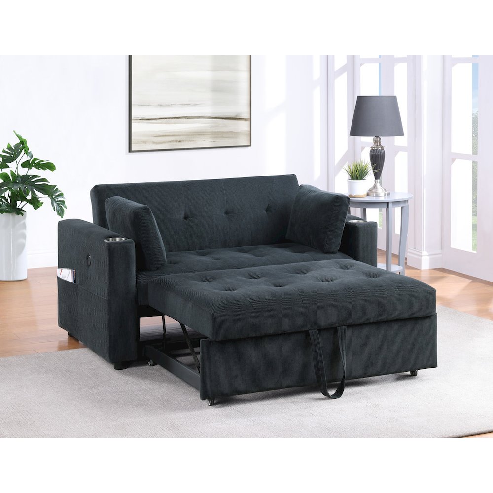57″W Black Corduroy Convertible Sleeper Loveseat with Cupholders