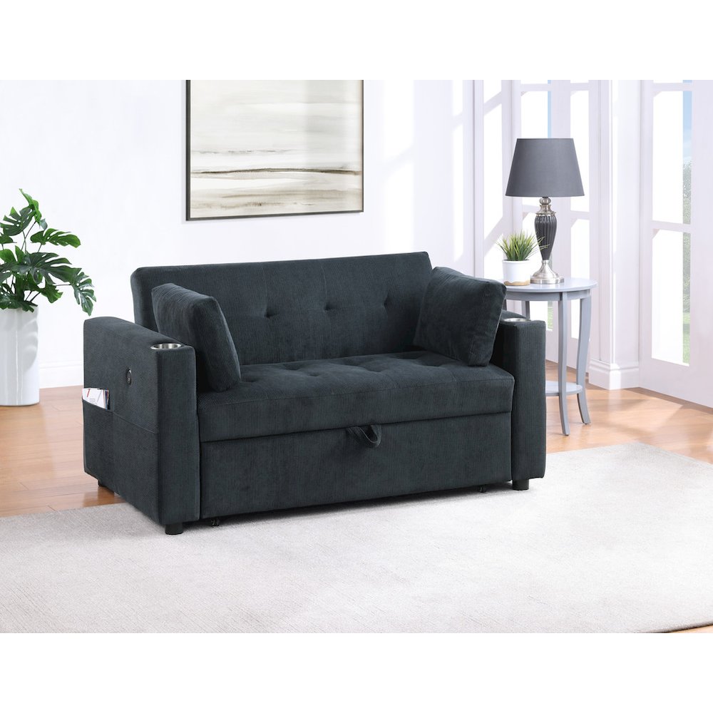 57″W Black Corduroy Convertible Sleeper Loveseat with Cupholders