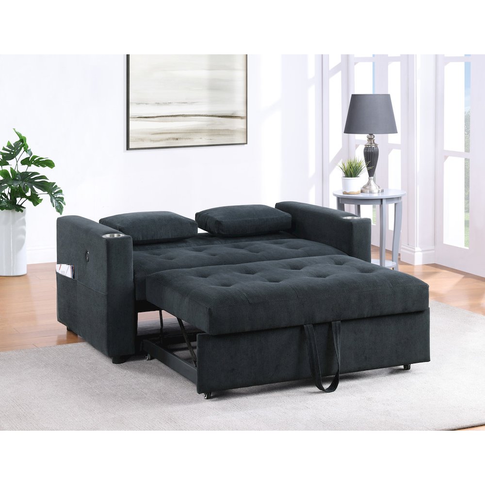 57″W Black Corduroy Convertible Sleeper Loveseat with Cupholders