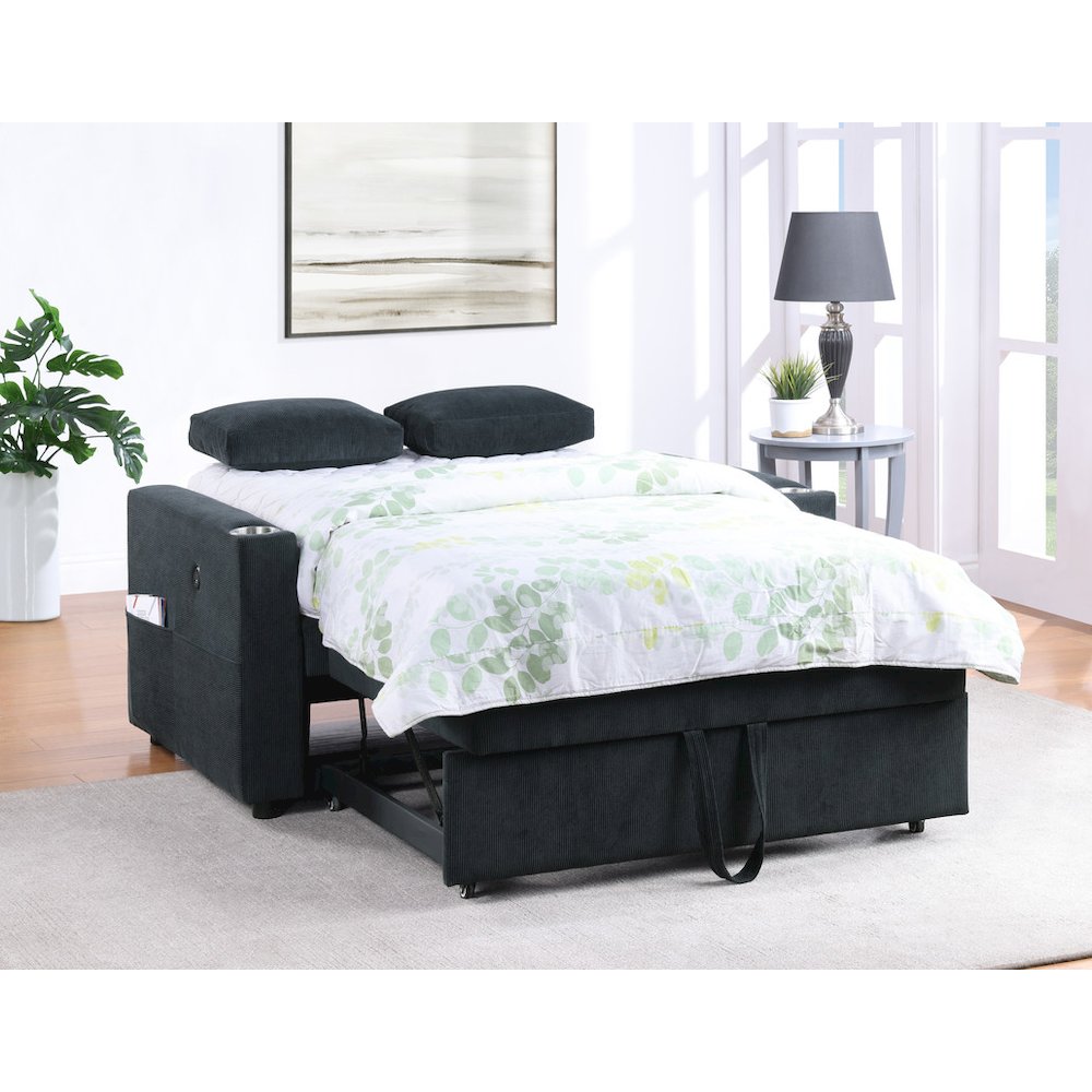 57″W Black Corduroy Convertible Sleeper Loveseat with Cupholders