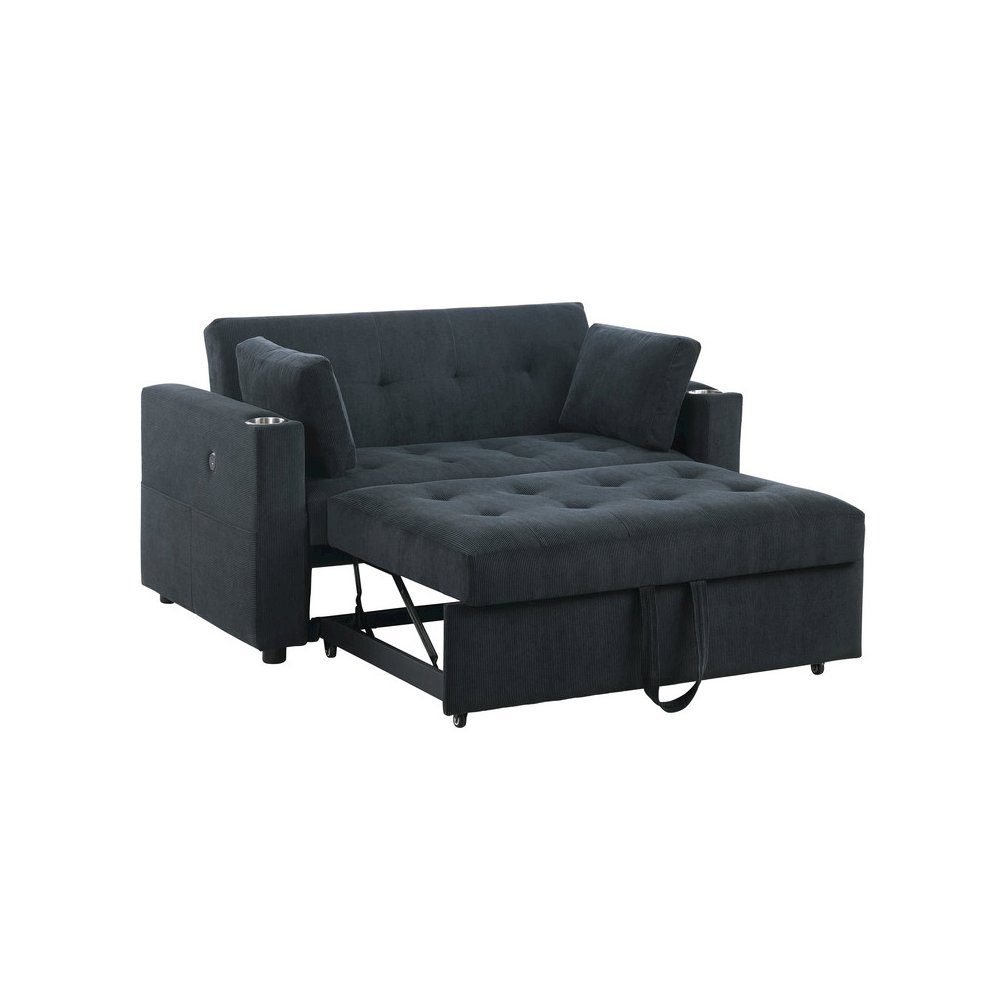 57″W Black Corduroy Convertible Sleeper Loveseat with Cupholders