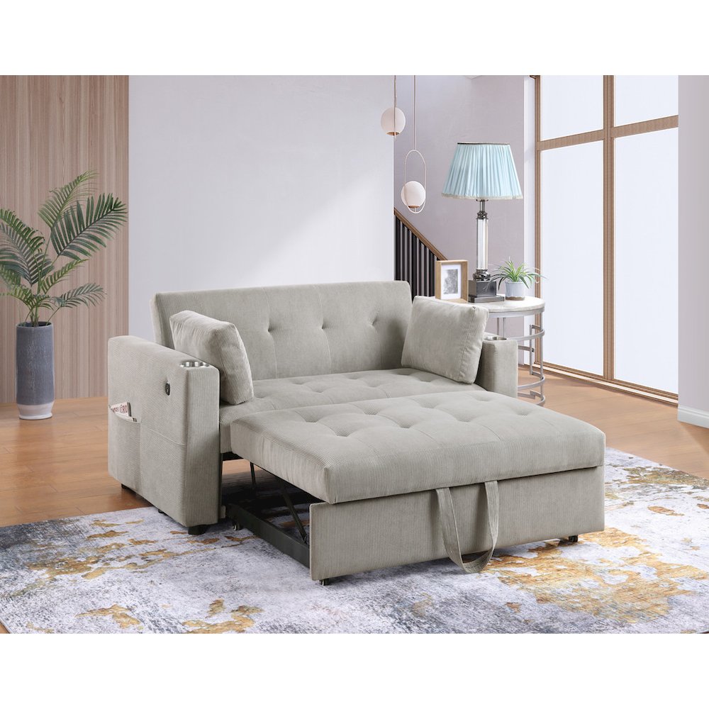 Luelle 57″W Gray Corduroy Convertible Sleeper Loveseat with Cupholders