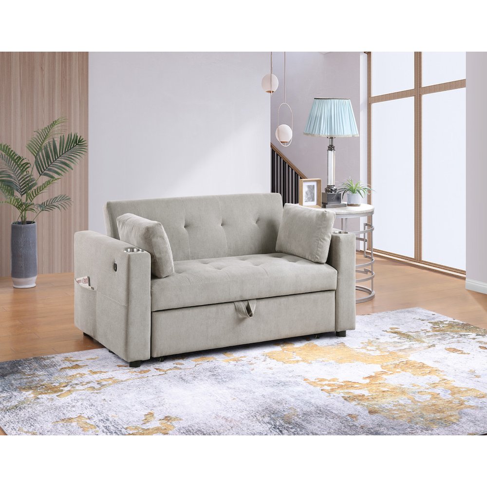 Luelle 57″W Gray Corduroy Convertible Sleeper Loveseat with Cupholders