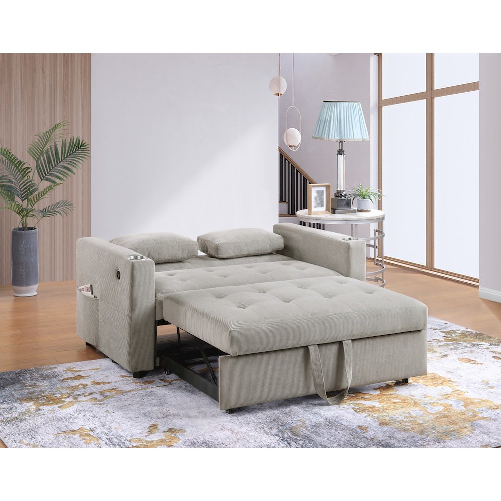 Luelle 57″W Gray Corduroy Convertible Sleeper Loveseat with Cupholders