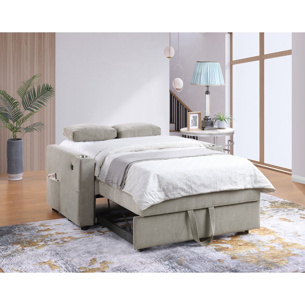 Luelle 57″W Gray Corduroy Convertible Sleeper Loveseat with Cupholders