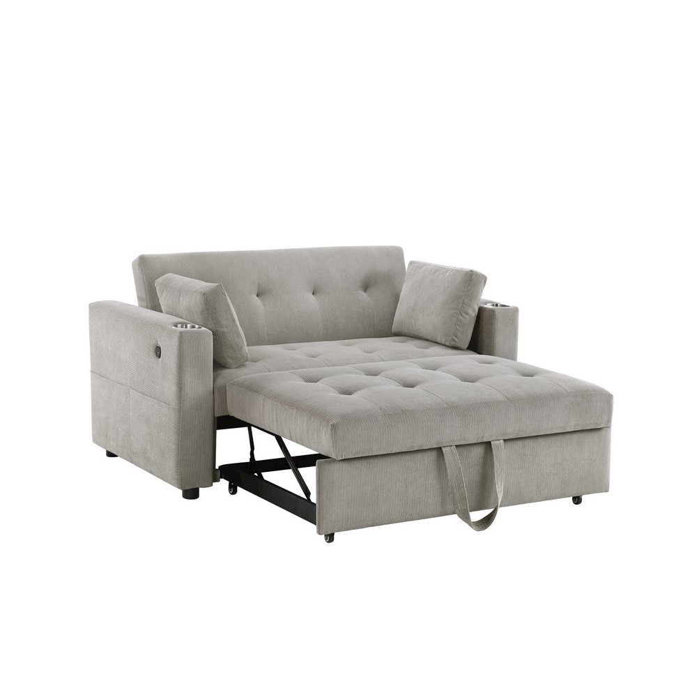 Luelle 57″W Gray Corduroy Convertible Sleeper Loveseat with Cupholders