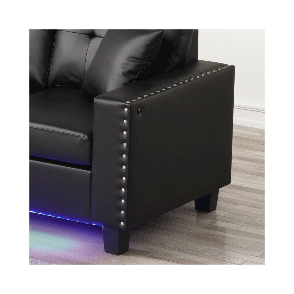 Sorenza 74″W Black PVC Reversible Sectional Sofa Chaise with LED Light