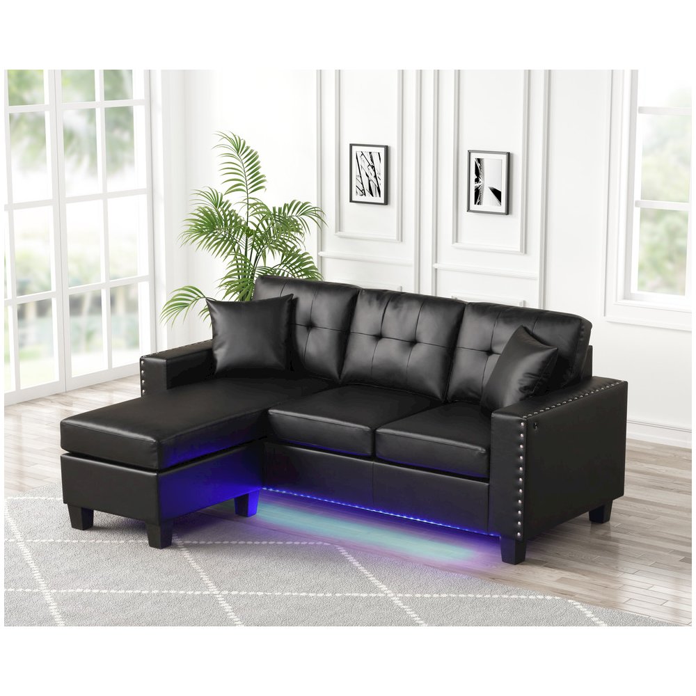 Sorenza 74″W Black PVC Reversible Sectional Sofa Chaise with LED Light