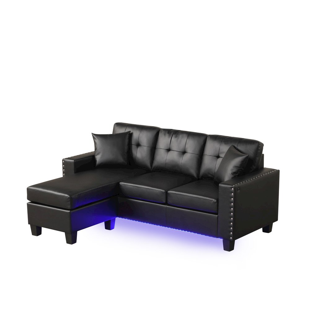 Sorenza 74″W Black PVC Reversible Sectional Sofa Chaise with LED Light
