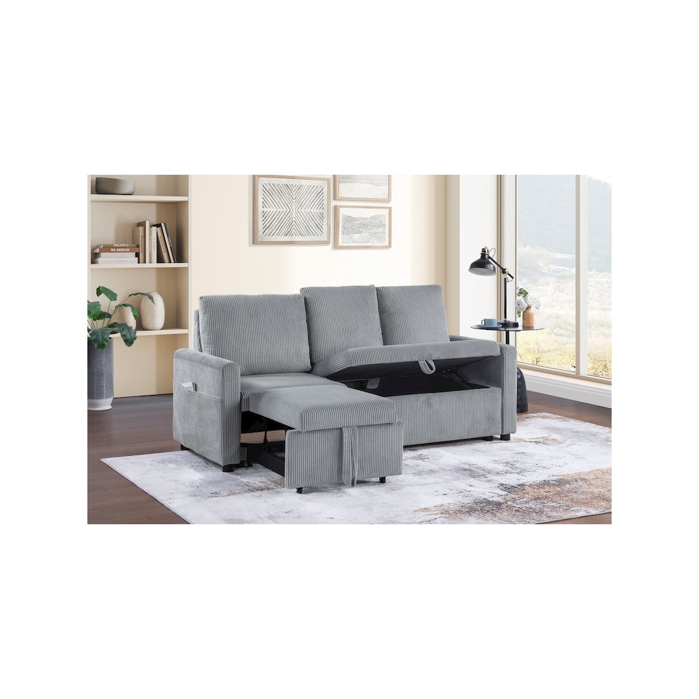 70″W Gray Corduroy Sofa with Pull-Out Chaise