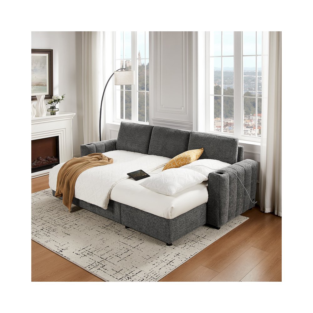 101″W Gray Chenille Fabric Reversible Sleeper Sectional Sofa with Storage Chaise