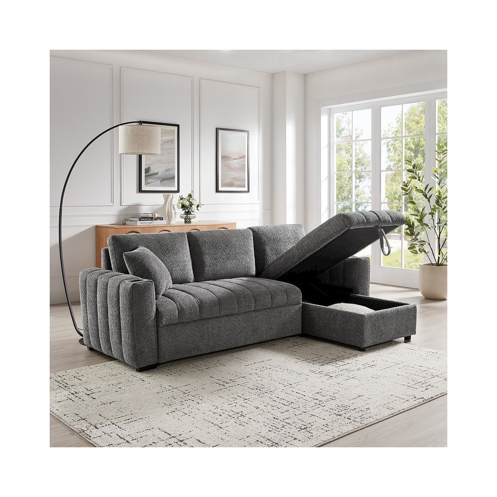 101″W Gray Chenille Fabric Reversible Sleeper Sectional Sofa with Storage Chaise