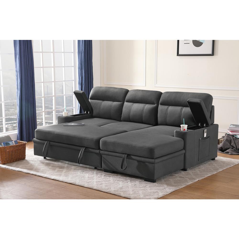 Kaden Gray Fabric Sleeper Sectional Sofa Chaise with Storage Arms and Cupholder