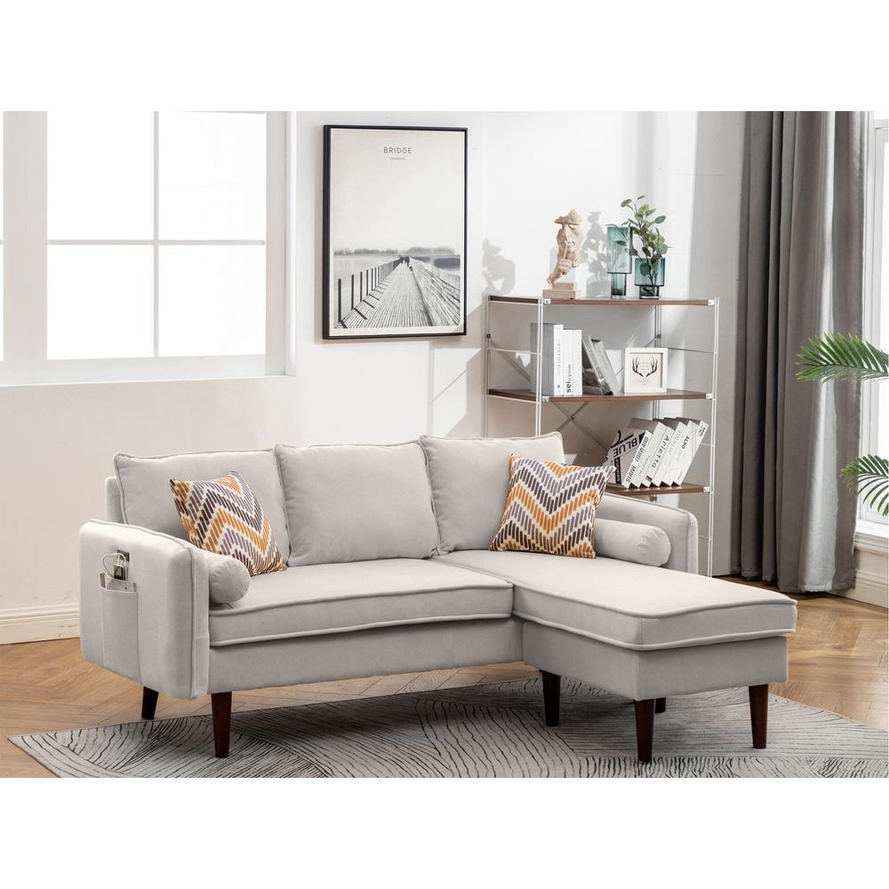 Mia Beige Sectional Sofa Chaise with USB Charger & Pillows