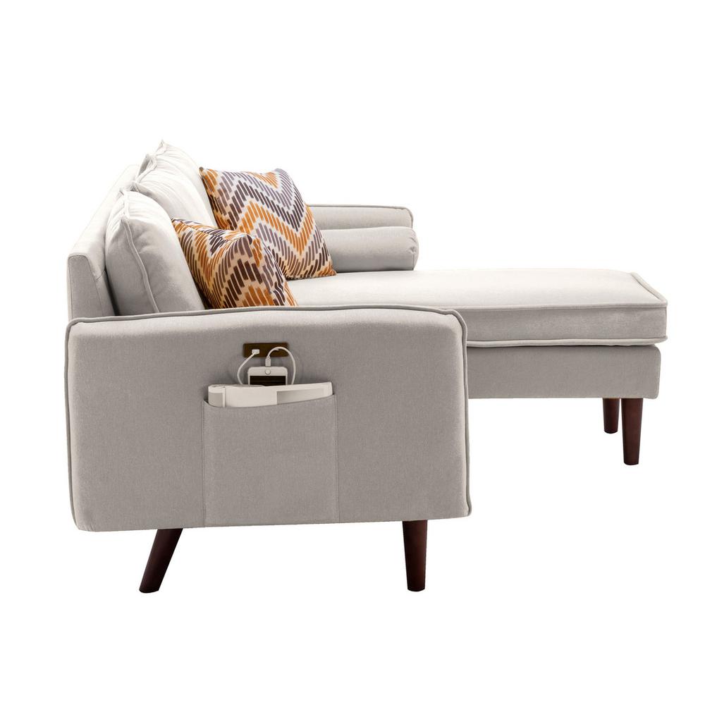 Mia Beige Sectional Sofa Chaise with USB Charger & Pillows