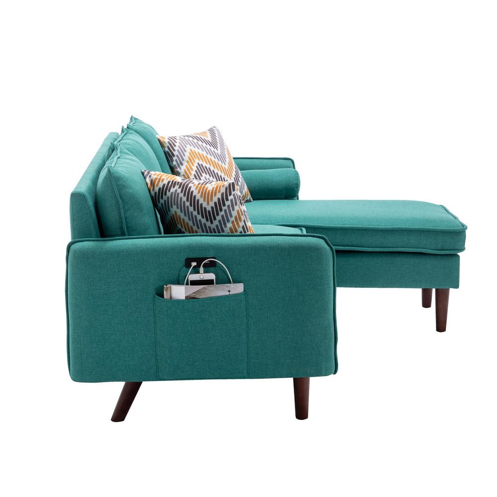 Mia Green Sectional Sofa Chaise with USB Charger & Pillows