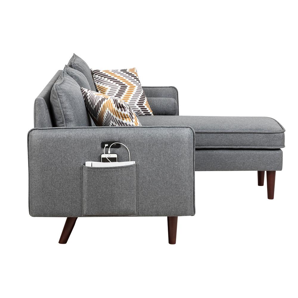 Mia Gray Sectional Sofa Chaise with USB Charger & Pillows