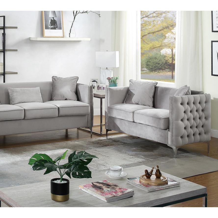 Bayberry Gray Velvet Loveseat with 2 Pillows