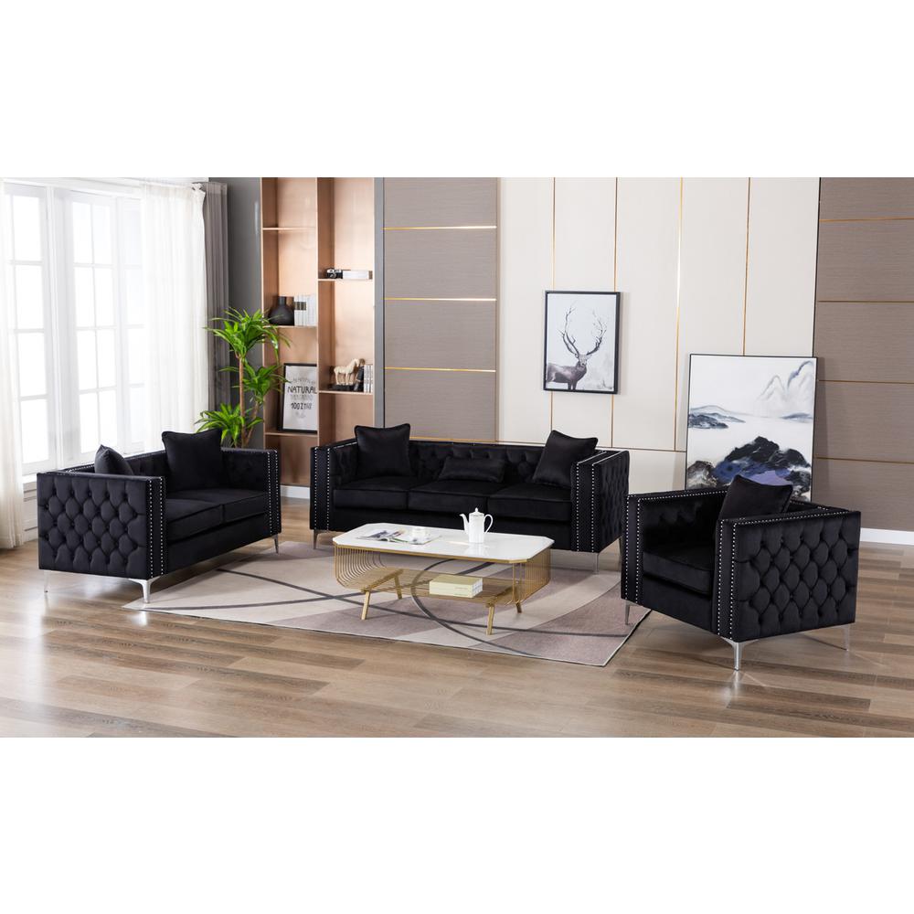Lorreto Black Velvet Fabric Sofa Loveseat Chair Living Room Set