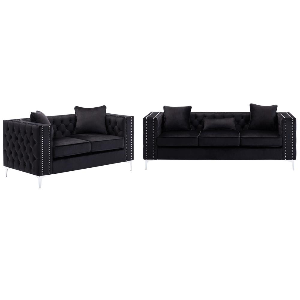 Lorreto Black Velvet Fabric Sofa Loveseat Living Room Set